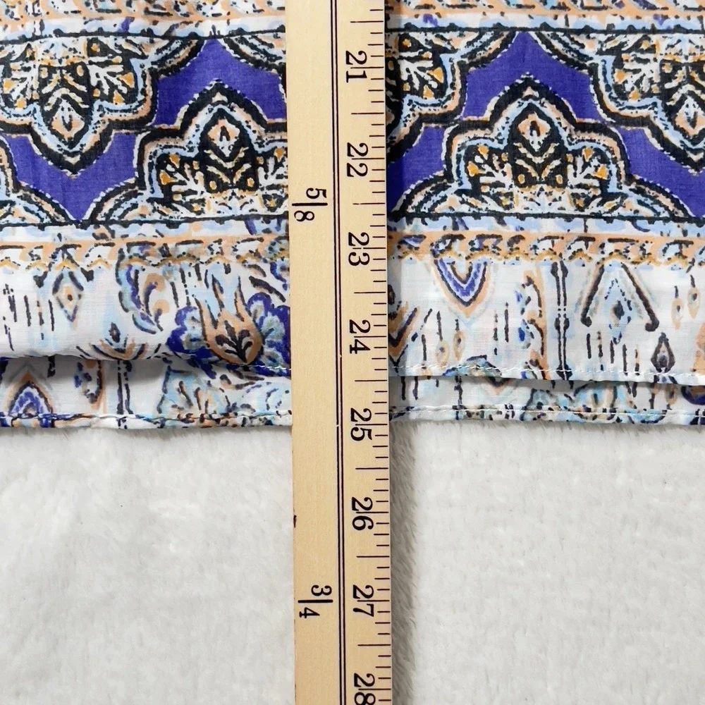 Fate Border‎ Print Tie Neck Peasant Blouse Womens Sz L Long Sleeve Cotton Voile